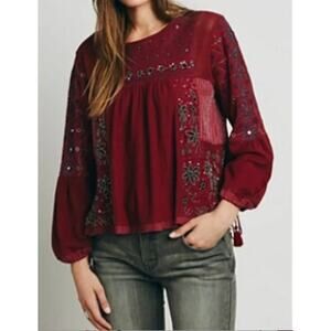 Free People Huh Fancy Peasant Blouse Top XS Burgundy Red Embroidered Mirror Bead